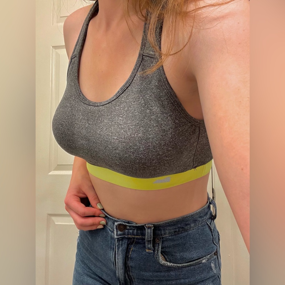 gray racer back sports bra